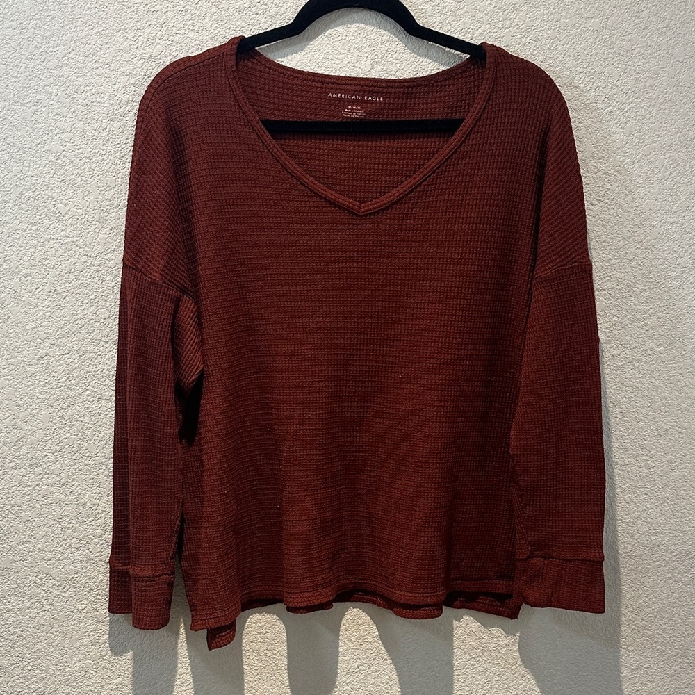 American Eagle Outfitters Women's Waffle Knit V-Neck Top - Burgundy Size Medium